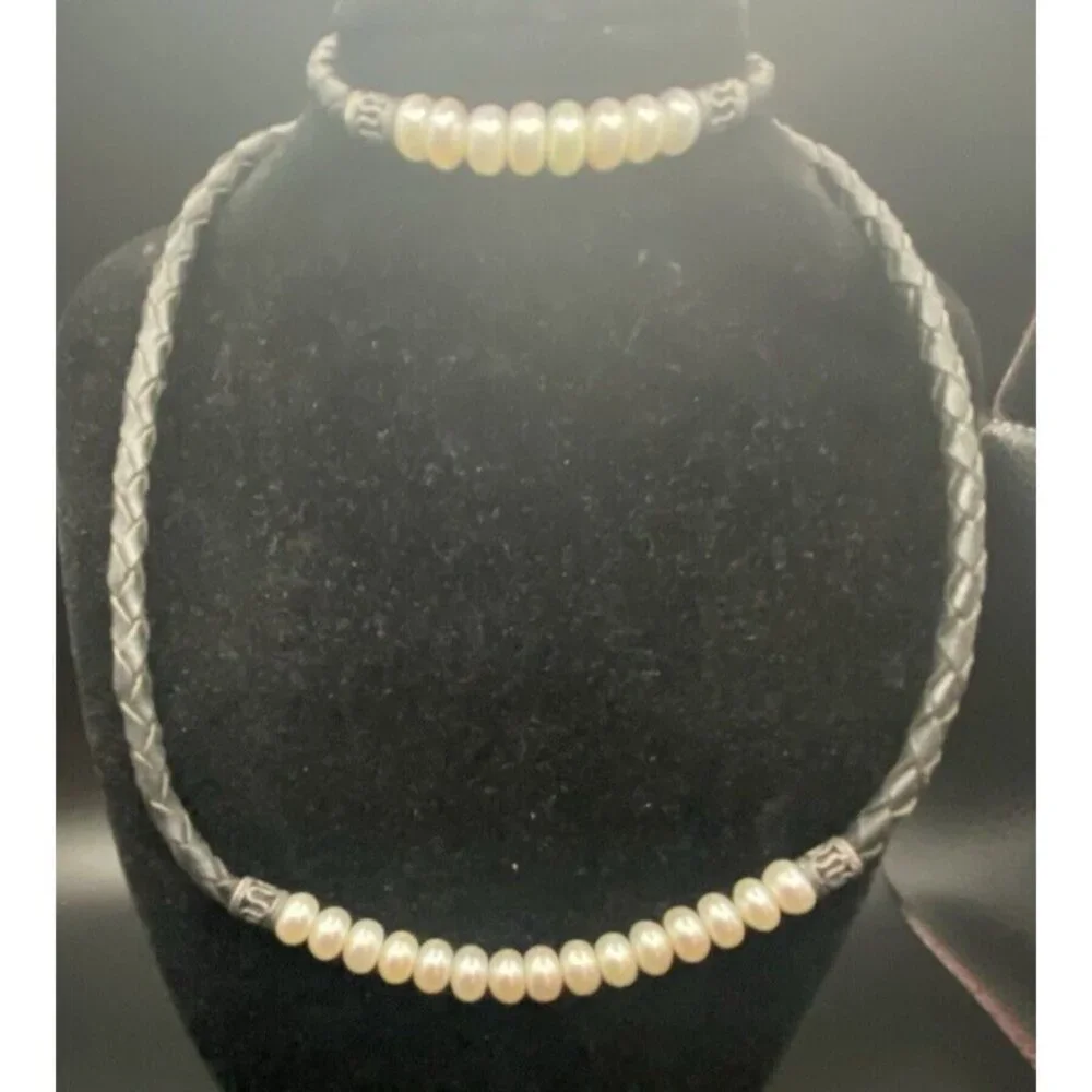 Necklace & Bracelet Set Sterling Silver Freshwater Pearls Braided Black Leather - Picture 2 of 7
